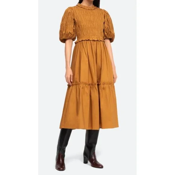 Sea New York Women's Rene Smocked Midi Dress Bronze Sz 6 - Picture 9 of 9